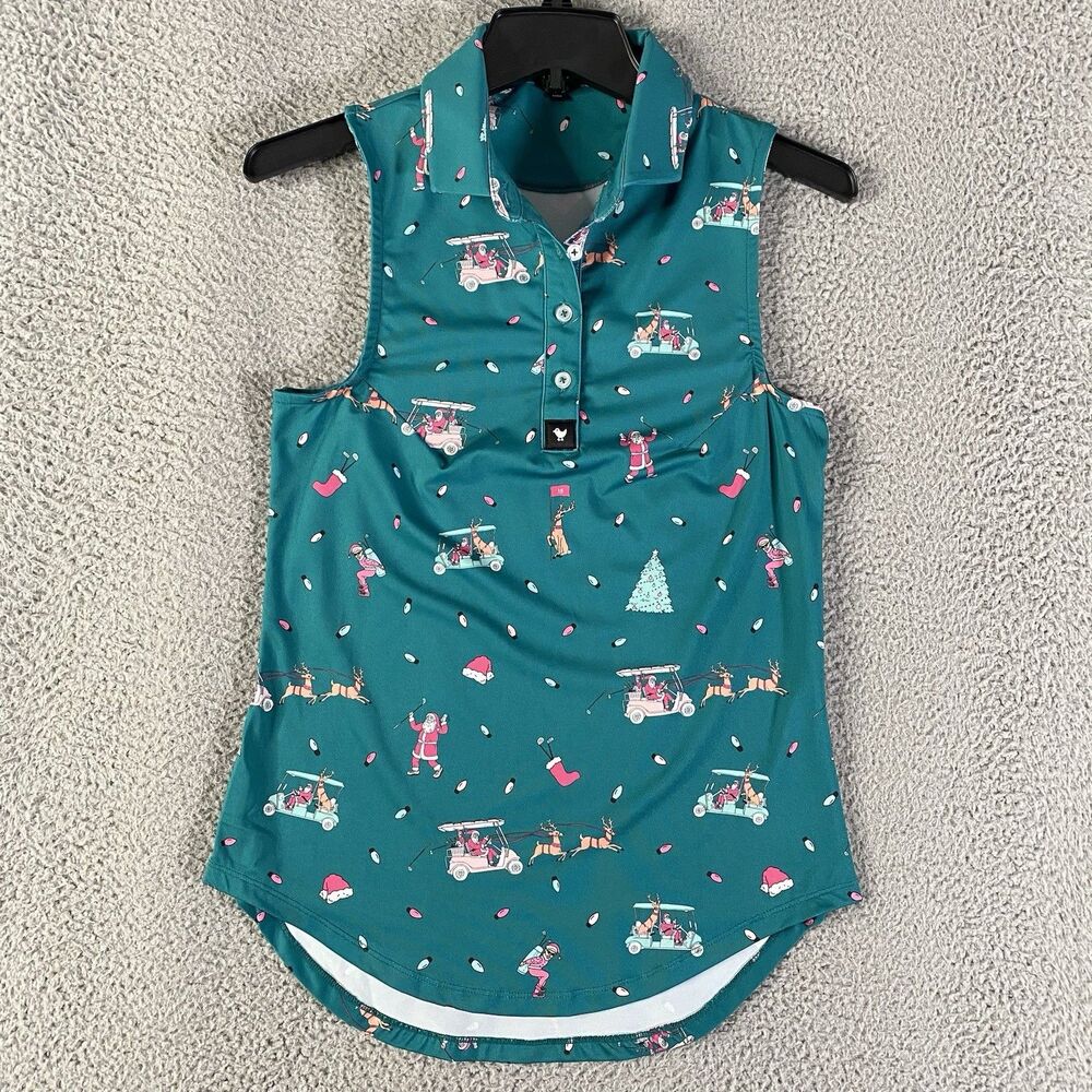 Bad Birdie Polo Shirt Womens XS Green Christmas Santa Sleeveless Top Active Golf